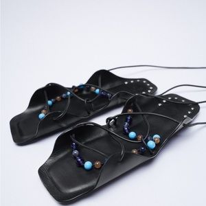 BNWT Zara Beaded Tied Black Leather Sandals